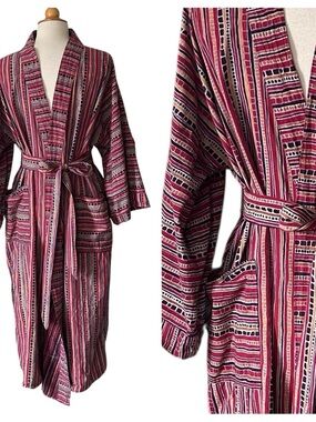 Vintage Batik Tribal Print Cotton Light weight Bath Robe with Belt - One Size